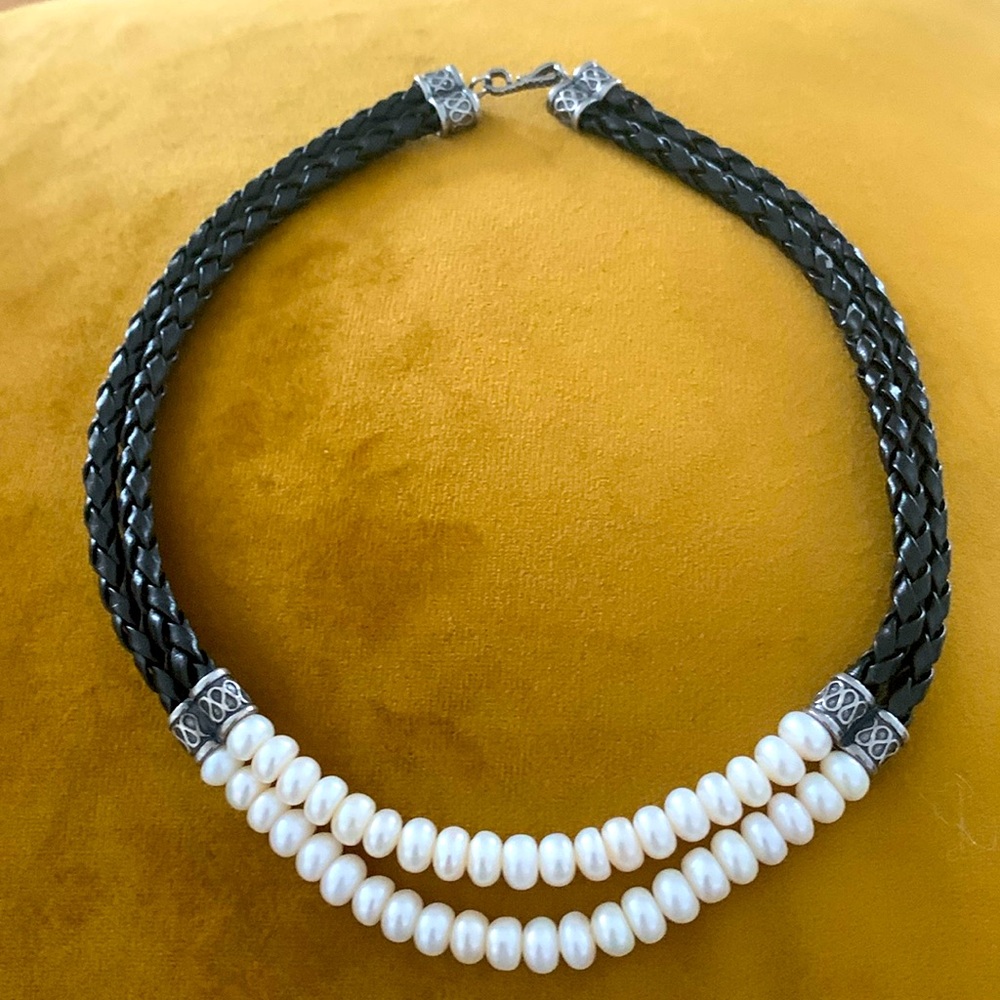 Vintage Faux Pearl and Black Corded Leather Necklace